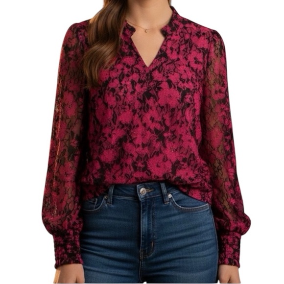 Cable & Gauge Tops - Cable & Gauge Pink and Black Floral Lace Blouse‎